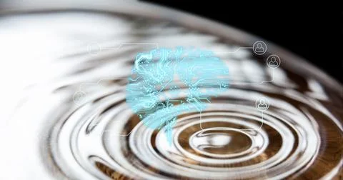 Composition of glowing brain shaped computer motherboard over rings in water Stock Illustration