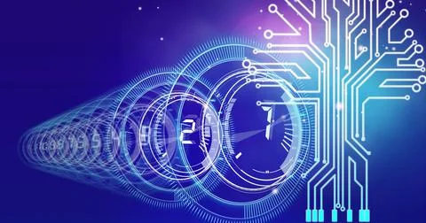 Composition of glowing computer motherboard circuits with safe dials and pixel Stock Illustration
