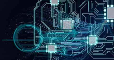 Composition of glowing computer motherboard circuits and microchips with Ilustración de archivo