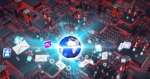 Composition of glowing globe over computer processor circuit board server Stock Illustration
