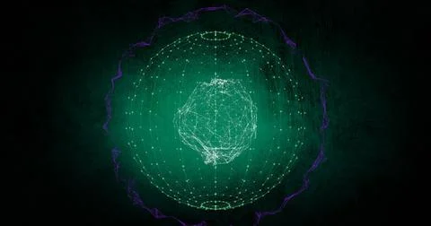 Composition of glowing green globe spinning with purple light trails Stock Photos