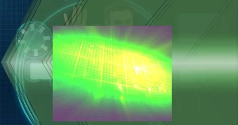 Composition of glowing green light over digital interface and man using computer Stock Illustration