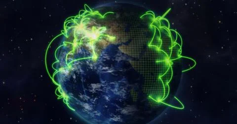 Composition of glowing green network of connections over globe Ilustração Stock