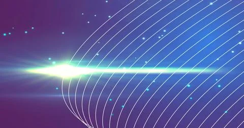 Composition of glowing white light energy over parallel curves and glowing dots Stock Illustration