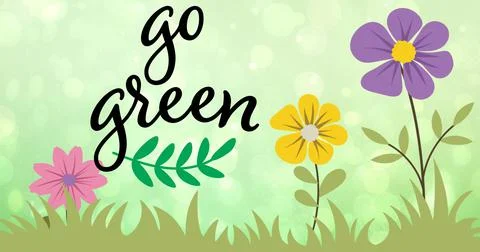 Composition of go green text and leaf logo over flowers on green background Ilustração Stock