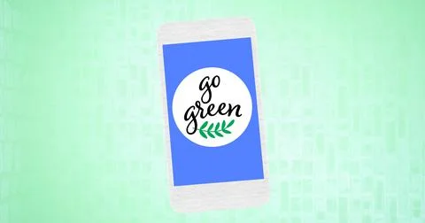 Composition of go green text and leaf logo on blue smartphone screen, over pale Ilustração Stock
