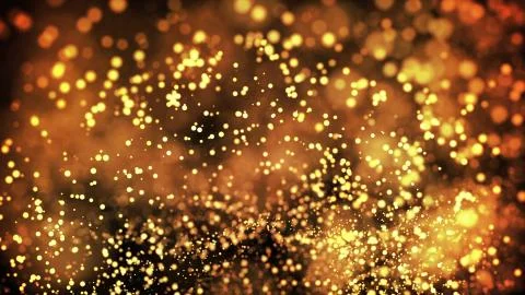 Composition of gold particles with a depth of field 3d render Illustrazione stock
