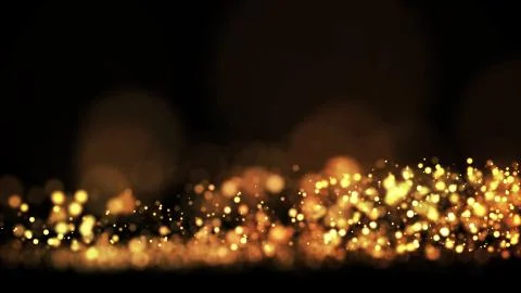 Composition of gold particles with a depth of field 3d render Illustrazione stock