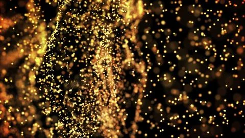 Composition of gold particles with a depth of field 3d render Illustrazione stock