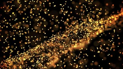 Composition of gold particles with a depth of field 3d render Illustrazione stock