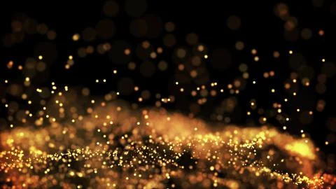 Composition of gold particles with a depth of field 3d render Stock Illustration