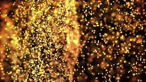Composition of gold particles with a depth of field 3d render Illustrazione stock