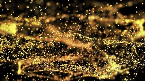 Composition of gold particles with a depth of field 3d render Illustrazione stock
