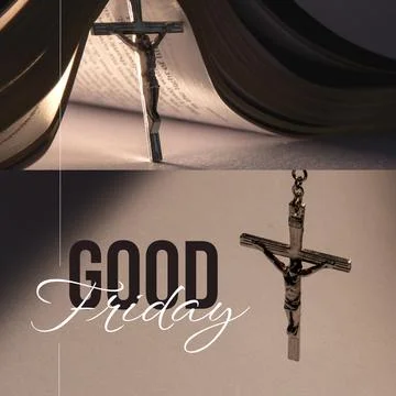 Composition of good friday text with crucifix over book on grey background Ilustração Stock