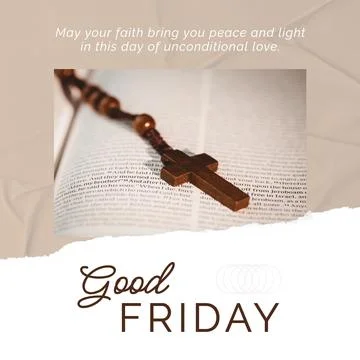 Composition of good friday text with crucifix over book on black background Ilustração Stock