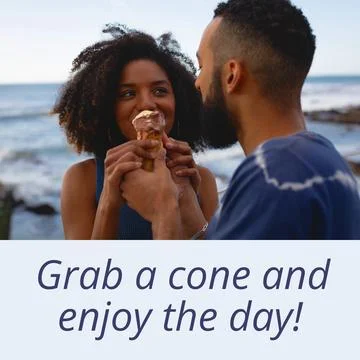 Composition of grab a cone and enjoy the day text over african american couple Fotos Stock