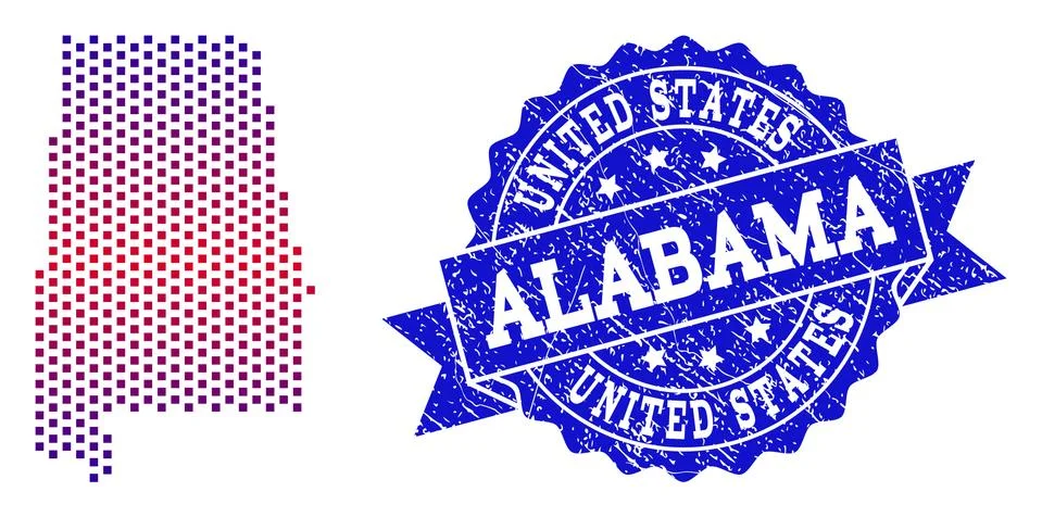 Composition of Gradiented Dotted Map of Alabama State and Grunged Stamp Illustrazione stock