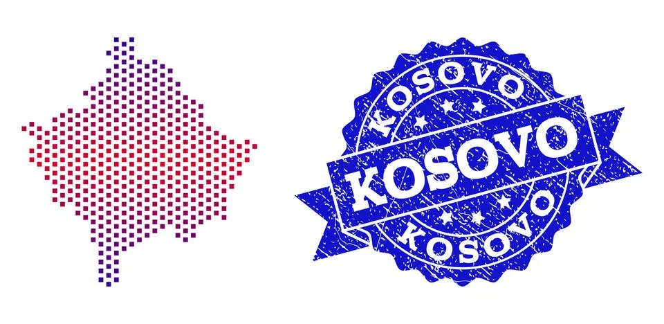Composition of Gradiented Dotted Map of Kosovo and Grunged Stamp Stock Illustration