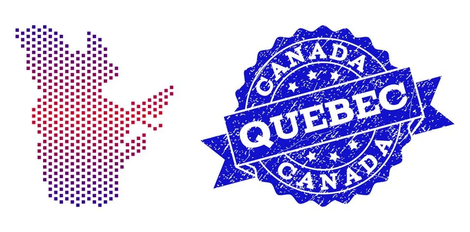 Composition of Gradiented Dotted Map of Quebec Province and Grunged Stamp Stock Illustration
