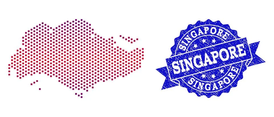 Composition of Gradiented Dotted Map of Singapore and Grunged Stamp Stock Illustration