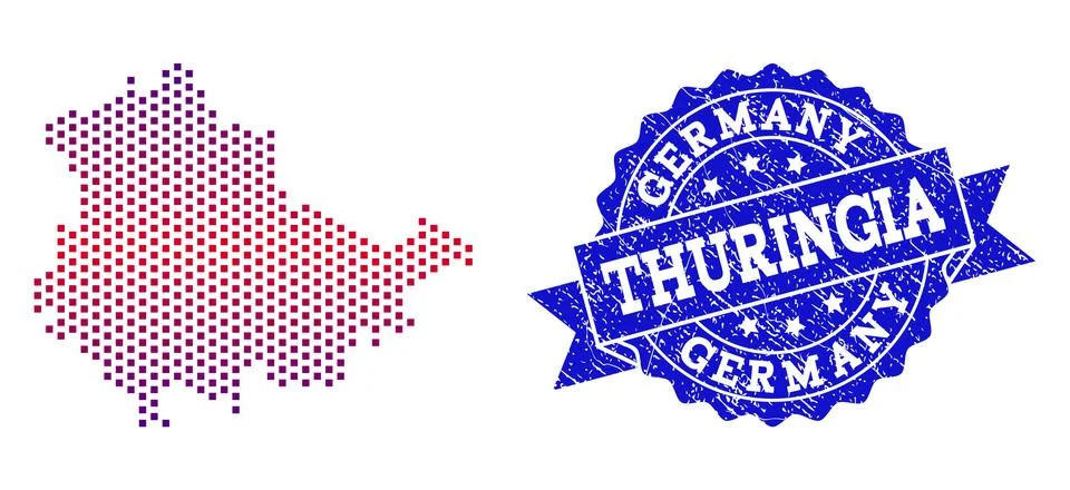 Composition of Gradiented Dotted Map of Thuringia State and Grunged Stamp イラスト素材