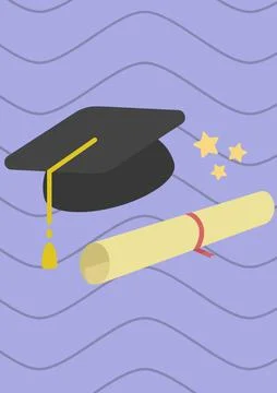 Composition of graduation hat and certificate on purple patterned background Stock Illustration