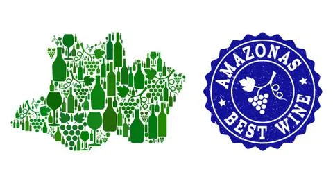 Composition of Grape Wine Map of Amazonas State and Best Wine Grunge Stamp Stock Illustration