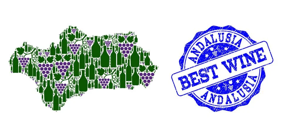 Composition of Grape Wine Map of Andalusia Province and Best Wine Stamp Stock-Illustration
