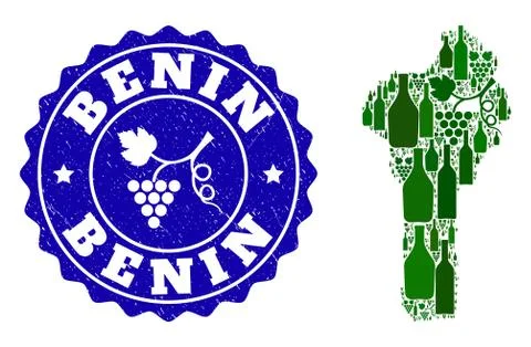 Composition of Grape Wine Map of Benin and Grape Grunge Stamp Stock Illustration