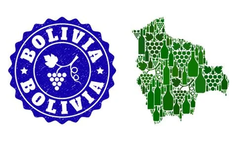 Composition of Grape Wine Map of Bolivia and Grape Grunge Stamp Иллюстрация