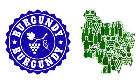 Composition of Grape Wine Map of Burgundy Province and Grape Grunge Stamp Stock Illustration
