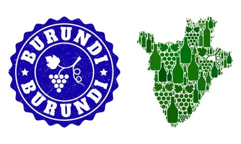 Composition of Grape Wine Map of Burundi and Grape Grunge Stamp Stock Illustration