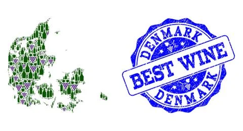 Composition of Grape Wine Map of Denmark and Best Wine Stamp Stock-Illustration