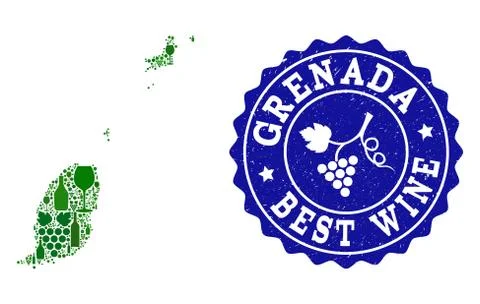 Composition of Grape Wine Map of Grenada Islands and Best Wine Grunge Stamp Illustrazione stock