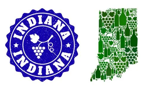 Composition of Grape Wine Map of Indiana State and Grape Grunge Stamp Stock Illustration