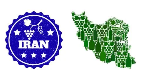 Composition of Grape Wine Map of Iran and Grape Grunge Stamp Stock Illustration