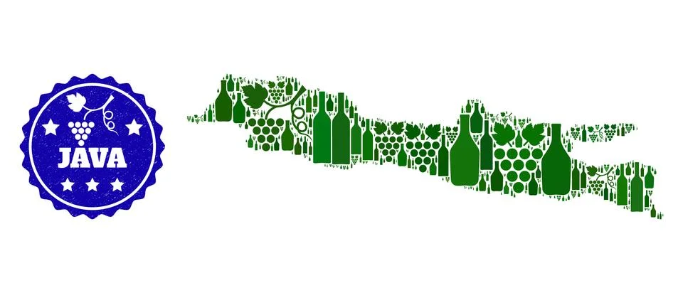 Composition of Grape Wine Map of Java Island and Grape Grunge Stamp Stock Illustration