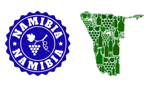 Composition of Grape Wine Map of Namibia and Grape Grunge Stamp Illustrazione stock