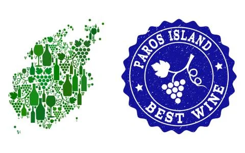 Composition of Grape Wine Map of Paros Island and Best Wine Grunge Watermark 库存插图