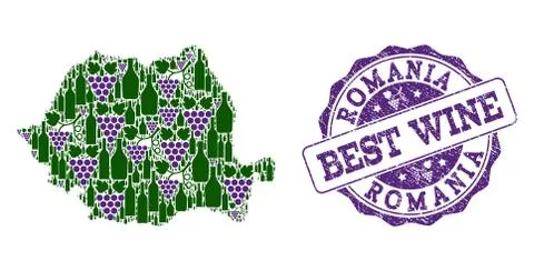 Composition of Grape Wine Map of Romania and Best Wine Stamp Stock Illustration