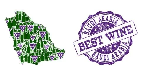 Composition of Grape Wine Map of Saudi Arabia and Best Wine Stamp Illustrazione stock