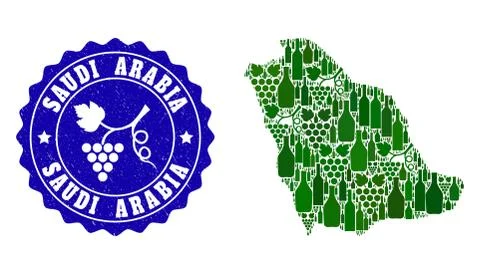 Composition of Grape Wine Map of Saudi Arabia and Grape Grunge Stamp Illustrazione stock