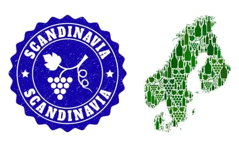 Composition of Grape Wine Map of Scandinavia and Grape Grunge Stamp Stock Illustration