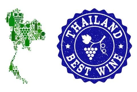 Composition of Grape Wine Map of Thailand and Best Wine Grunge Watermark Stock Illustration