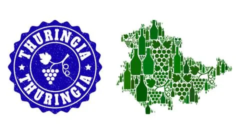 Composition of Grape Wine Map of Thuringia State and Grape Grunge Stamp イラスト素材