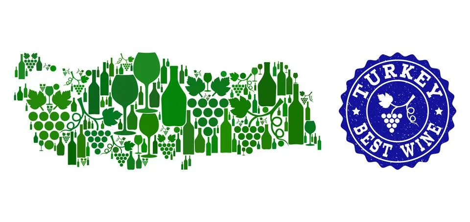 Composition of Grape Wine Map of Turkey and Best Wine Grunge Seal Stock Illustration