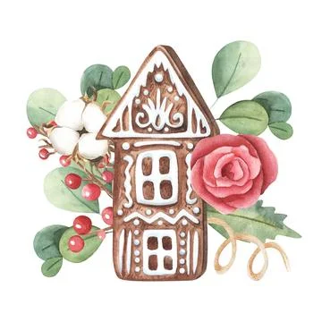 Composition with green branches with red berries, ginger cookies and cotton on Stock Illustration