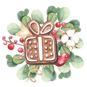 Composition with green branches with red berries, ginger bread cookies and Stock Illustration