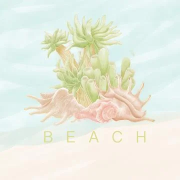 Composition with green corals and algae and beige shells on the background of Stock Illustration