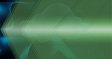 Composition of green digital cloud with blue light trails and green background Stock Illustration